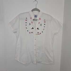 Vintage 90s AYME Galápagos Birds Embroidered Camp Shirt L White Cotton Ecuador